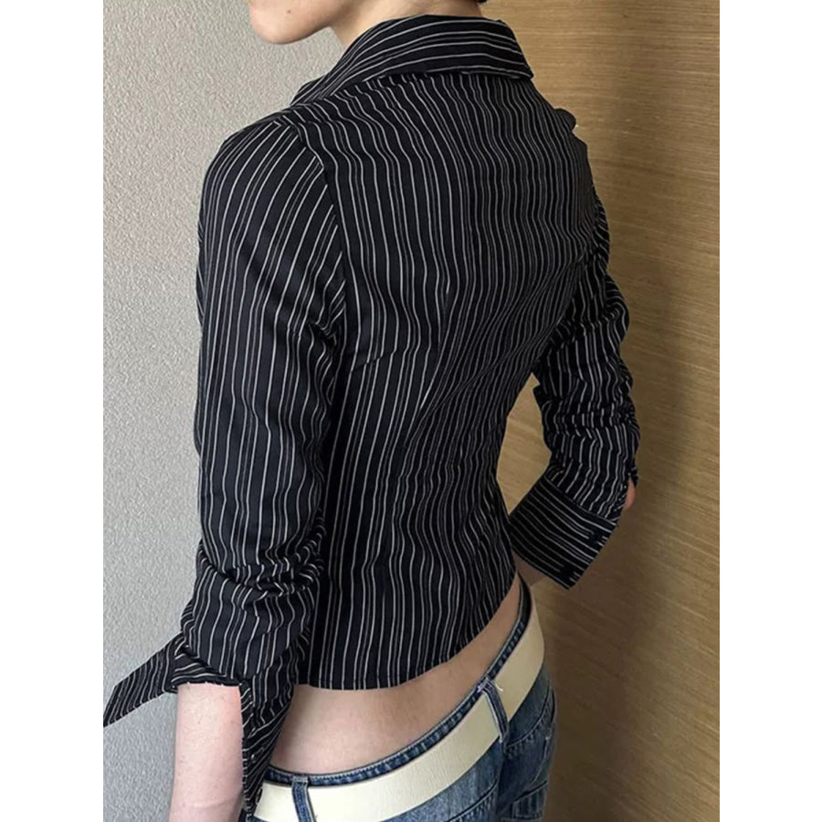 Devine Striped Collared Neck Long Sleeve Shirt Apparel and Accessories