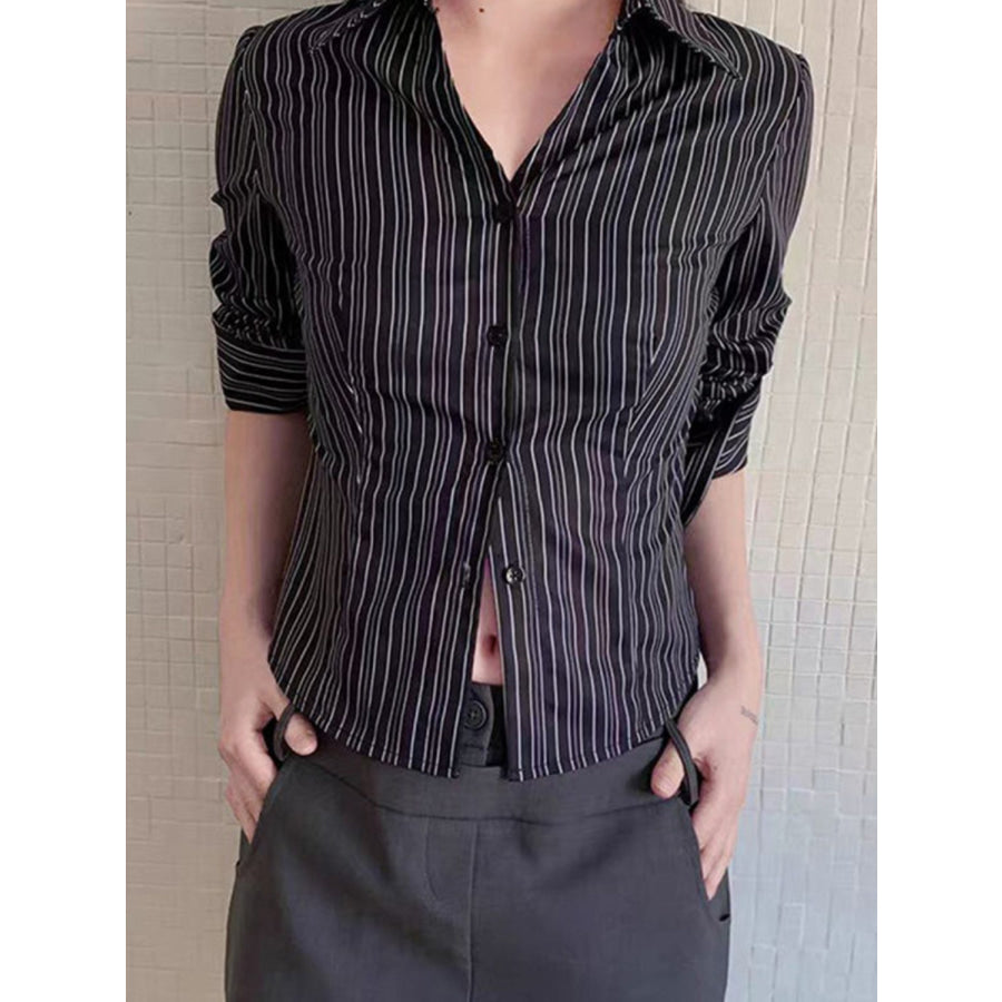 Devine Striped Collared Neck Long Sleeve Shirt Apparel and Accessories