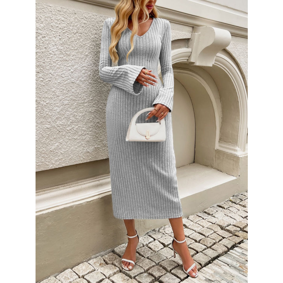 Devine Tied V-Neck Long Sleeve Sweater Dress Apparel and Accessories