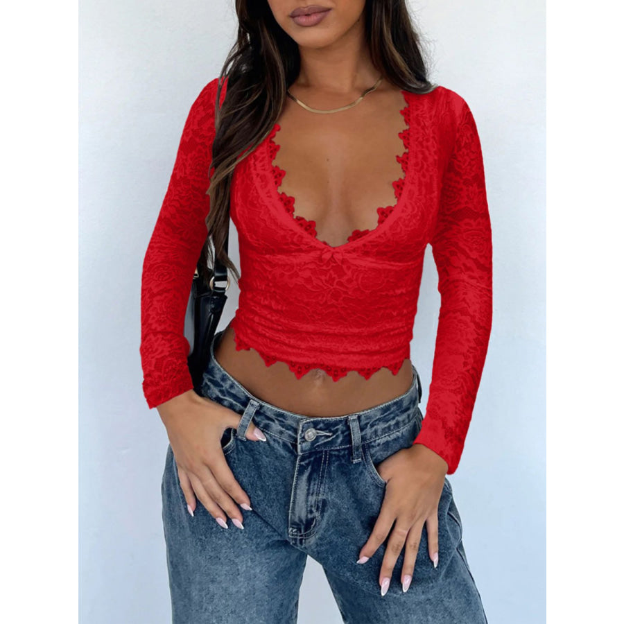 Devine V-Neck Long Sleeve Lace Top Scarlet / S Apparel and Accessories