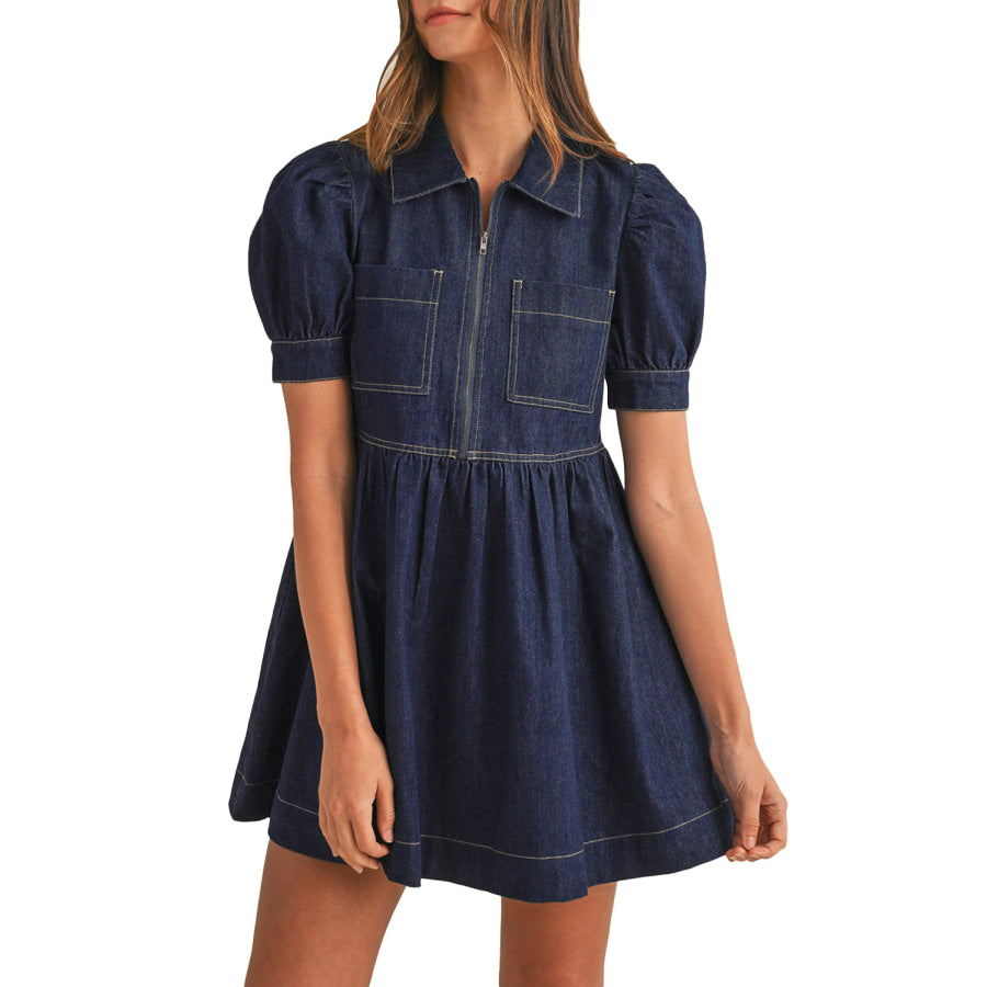 Dirty blue Zipped up Bodice Collared Short Puff Sleeve Denim Dress Dresses/Mini Dresses