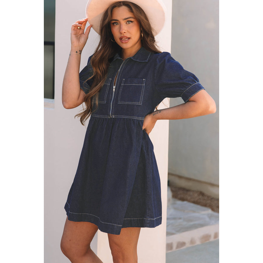 Dirty blue Zipped up Bodice Collared Short Puff Sleeve Denim Dress Dresses/Mini Dresses