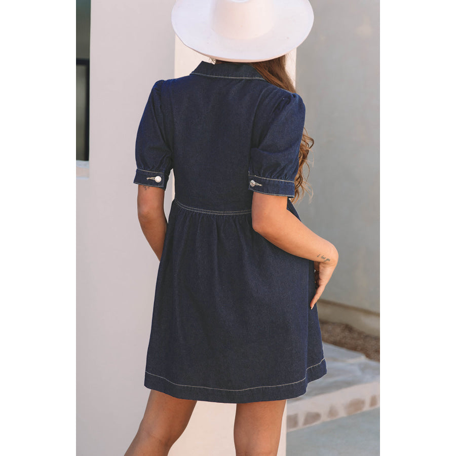 Dirty blue Zipped up Bodice Collared Short Puff Sleeve Denim Dress Dresses/Mini Dresses