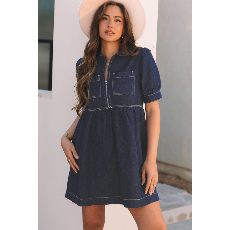 Dirty blue Zipped up Bodice Collared Short Puff Sleeve Denim Dress Dresses/Mini Dresses