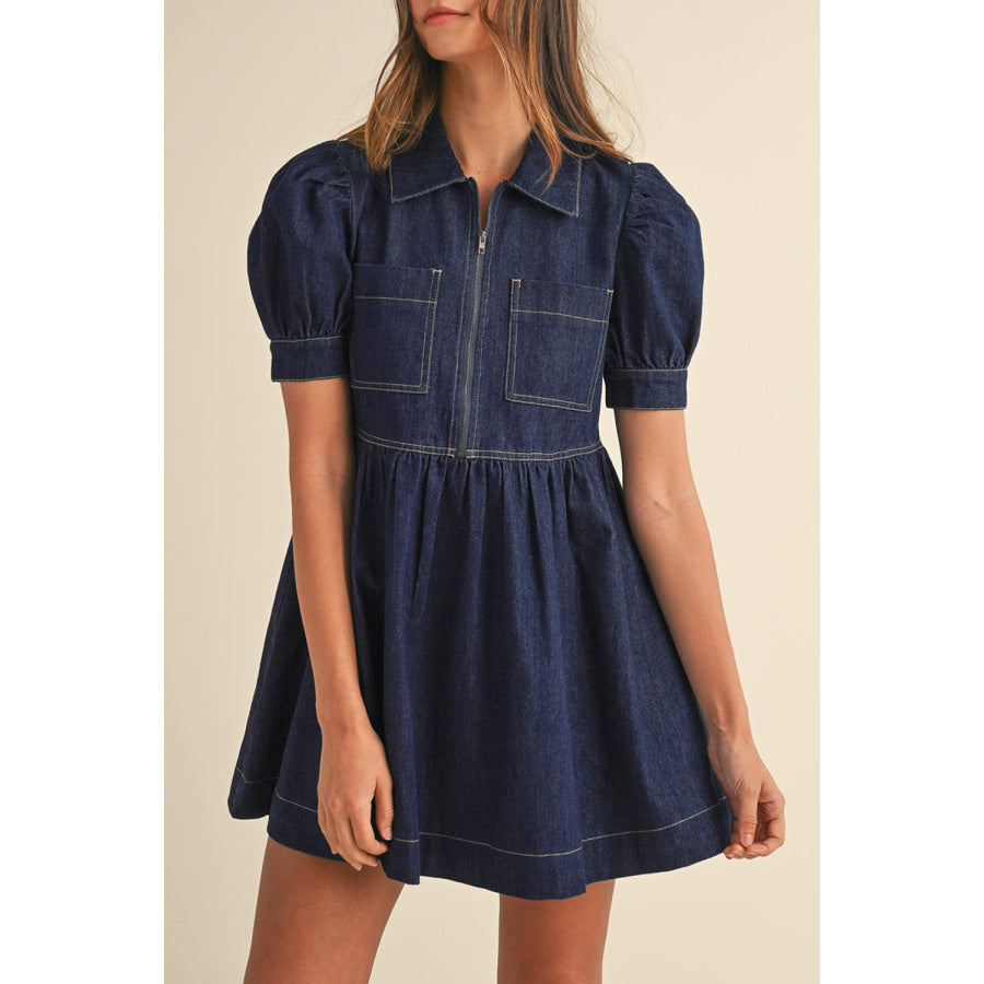 Dirty blue Zipped up Bodice Collared Short Puff Sleeve Denim Dress Dresses/Mini Dresses