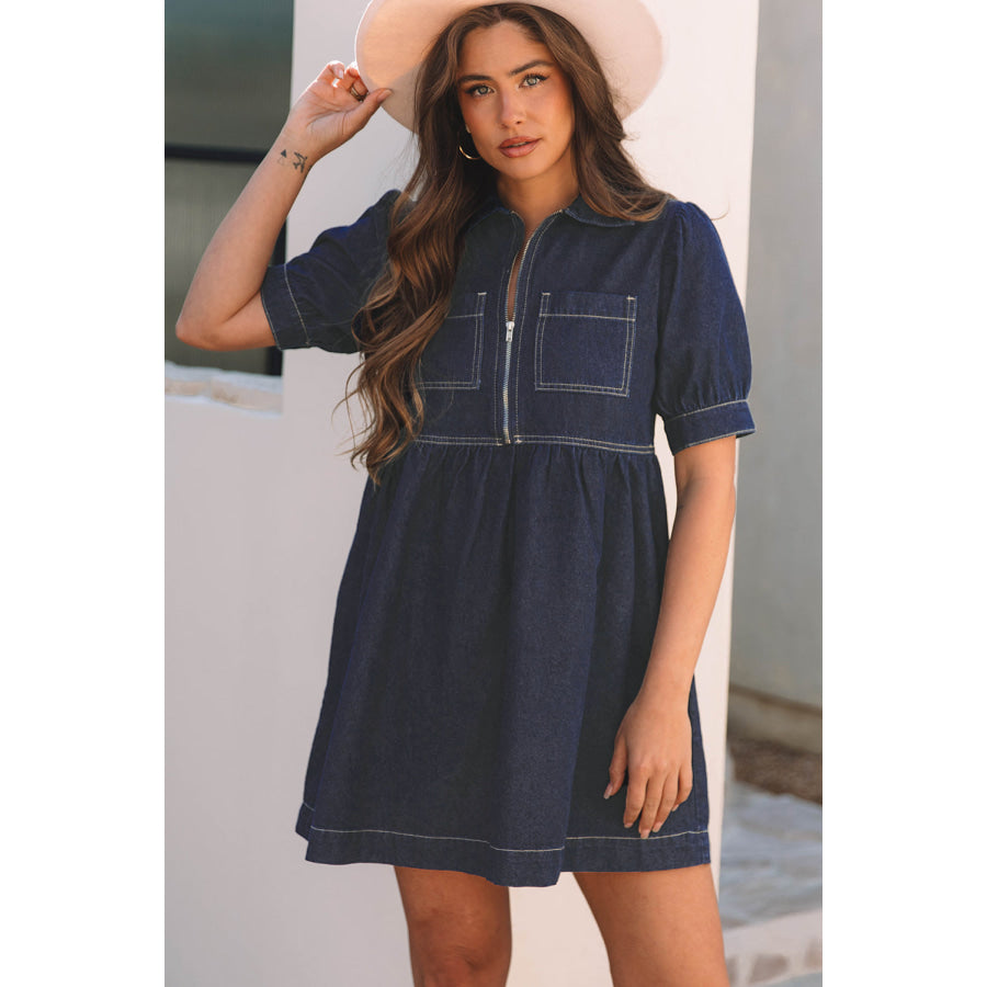 Dirty blue Zipped up Bodice Collared Short Puff Sleeve Denim Dress Dresses/Mini Dresses