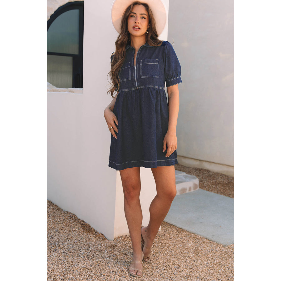 Dirty blue Zipped up Bodice Collared Short Puff Sleeve Denim Dress Dresses/Mini Dresses