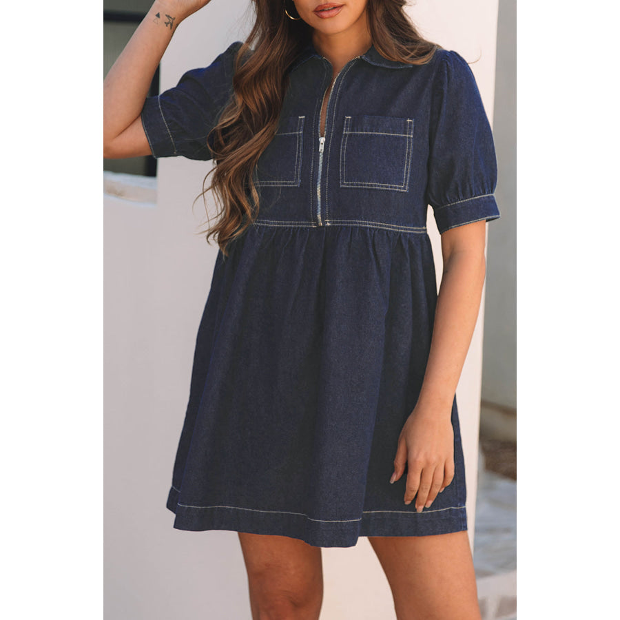 Dirty blue Zipped up Bodice Collared Short Puff Sleeve Denim Dress Dresses/Mini Dresses