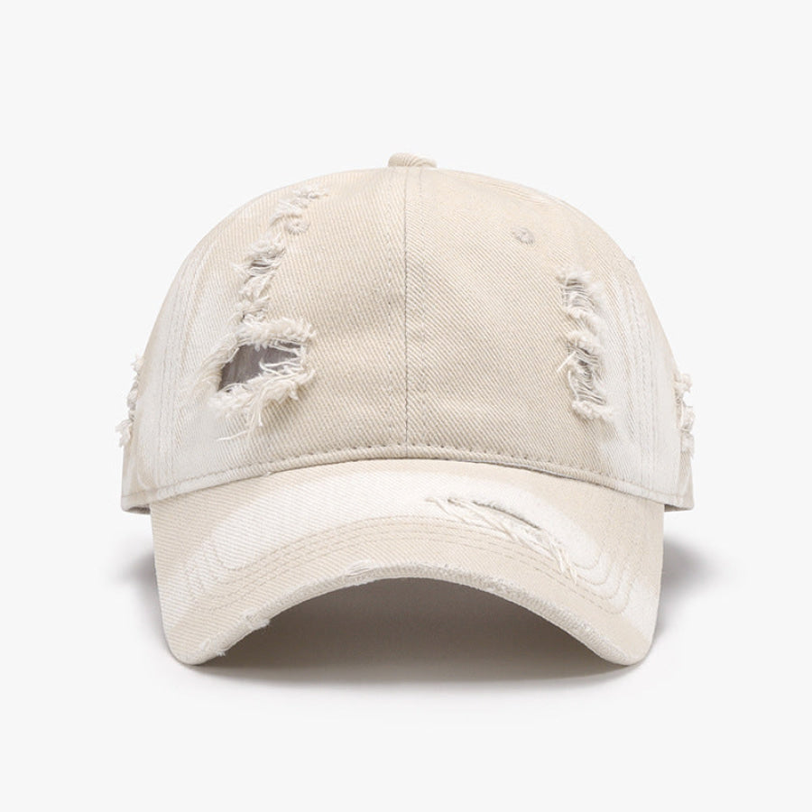 Distressed Adjustable Cotton Baseball Cap Ivory / One Size Apparel and Accessories