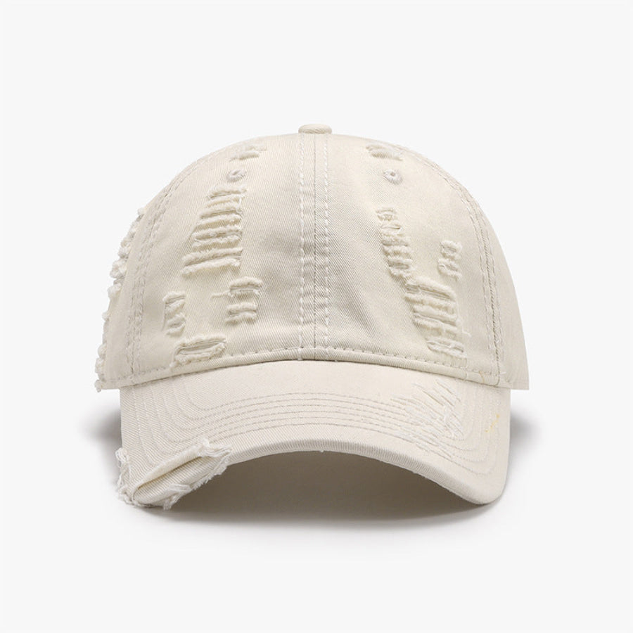 Distressed Adjustable Cotton Baseball Cap Ivory / One Size Apparel and Accessories