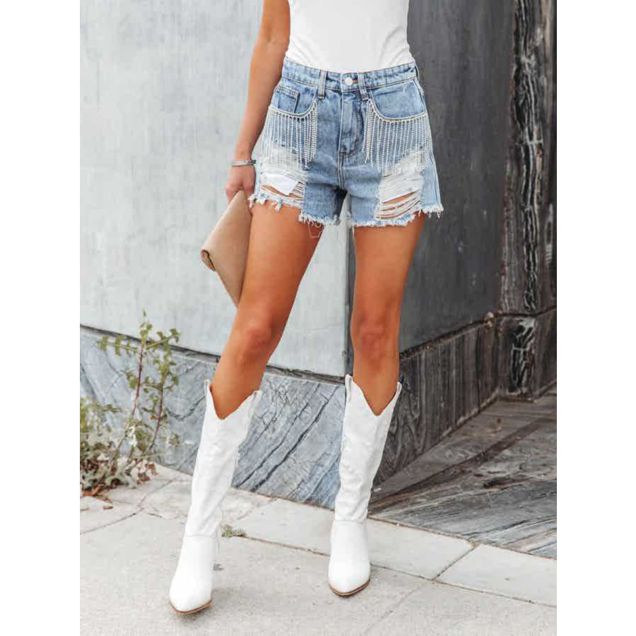 Distressed Fringe Denim Shorts with Pockets Apparel and Accessories