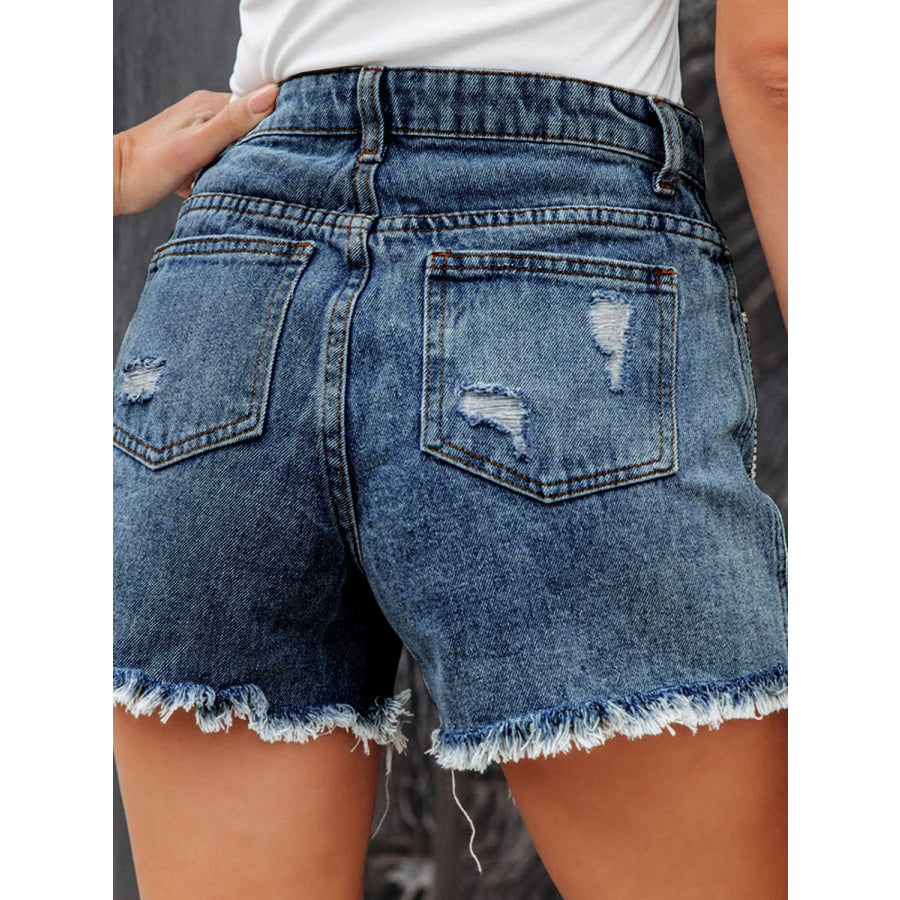 Distressed Fringe Denim Shorts with Pockets Apparel and Accessories