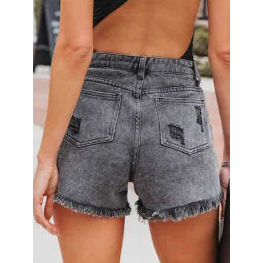 Distressed Fringe Denim Shorts with Pockets Apparel and Accessories