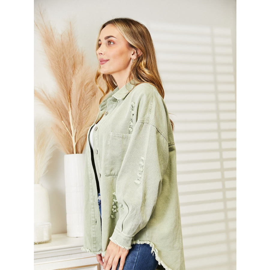 Distressed Raw Hem Denim Jacket