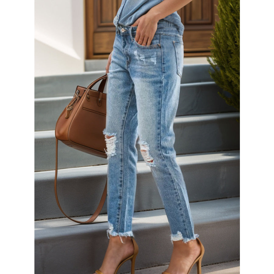 Distressed Raw Hem Jeans with Pockets Medium / S Apparel and Accessories