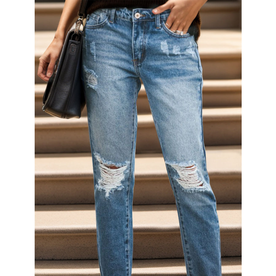 Distressed Raw Hem Jeans with Pockets Apparel and Accessories
