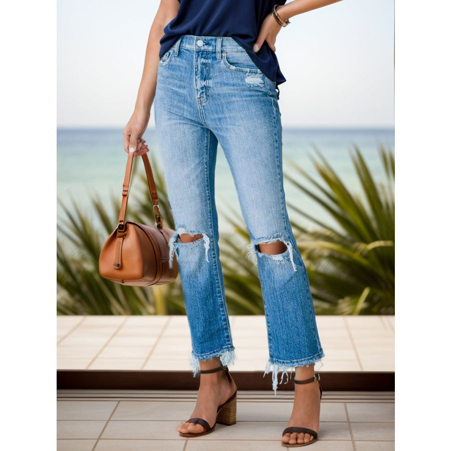 Distressed Raw Hem Jeans with Pockets Light / S Apparel and Accessories