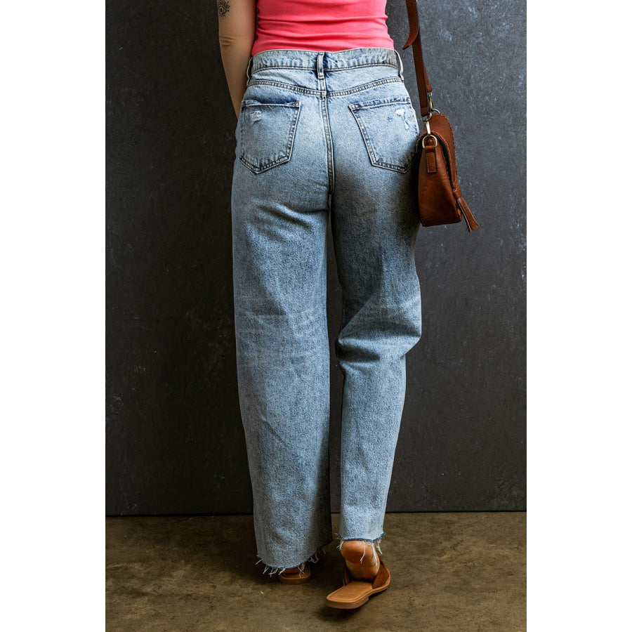 Distressed Raw Hem Straight Jeans Apparel and Accessories