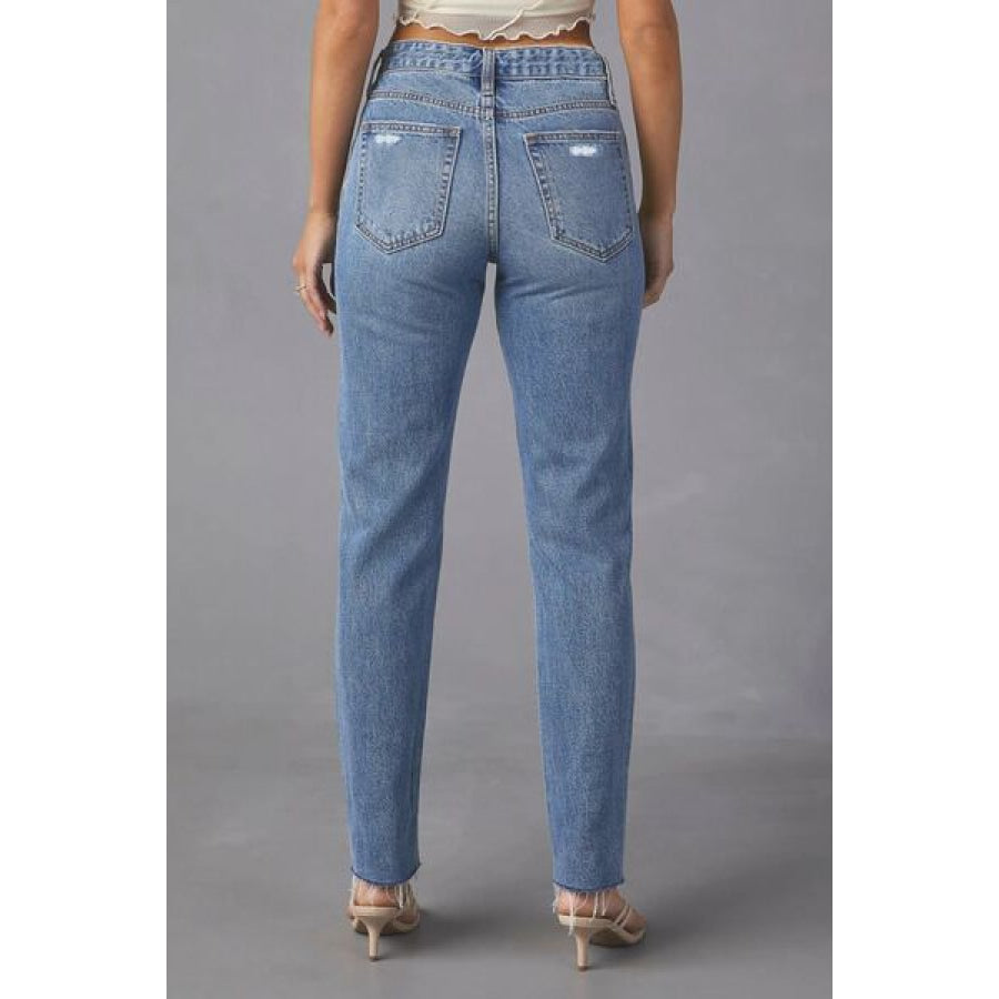 Distressed Raw Hem Straight Jeans with Pockets Apparel and Accessories