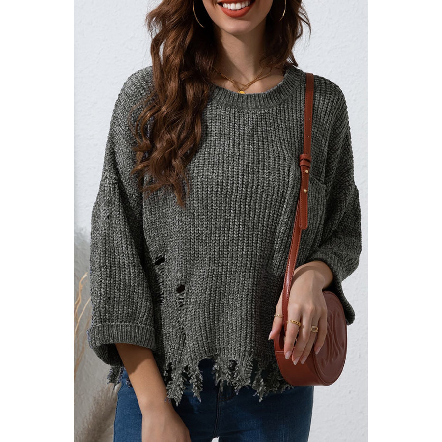 Distressed Round Neck Drop Shoulder Sweater Apparel and Accessories