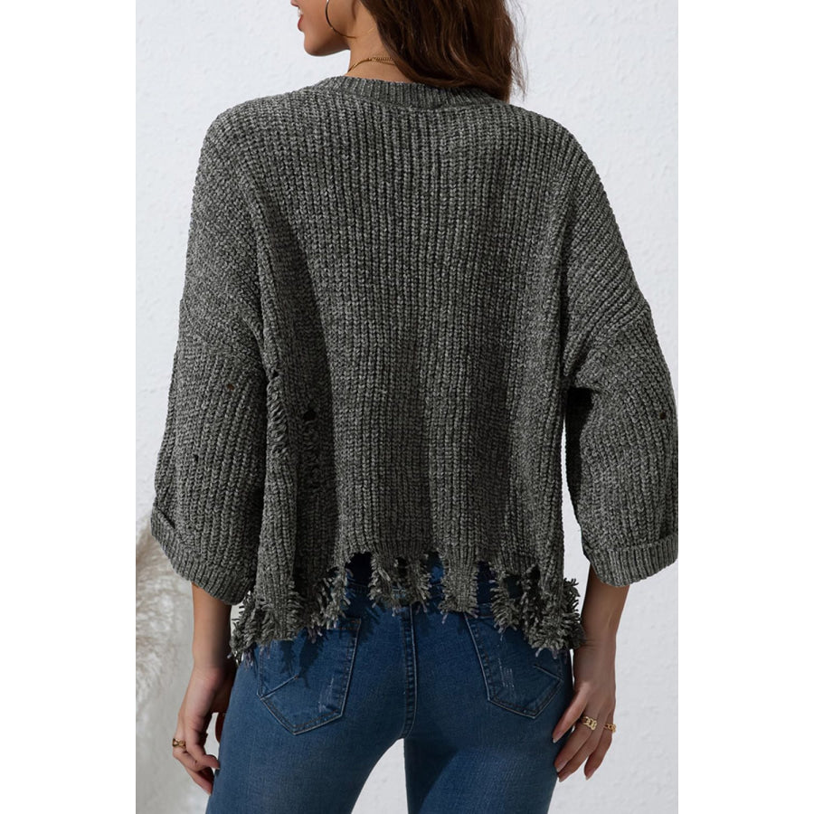 Distressed Round Neck Drop Shoulder Sweater Apparel and Accessories