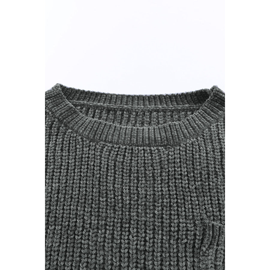 Distressed Round Neck Drop Shoulder Sweater Apparel and Accessories