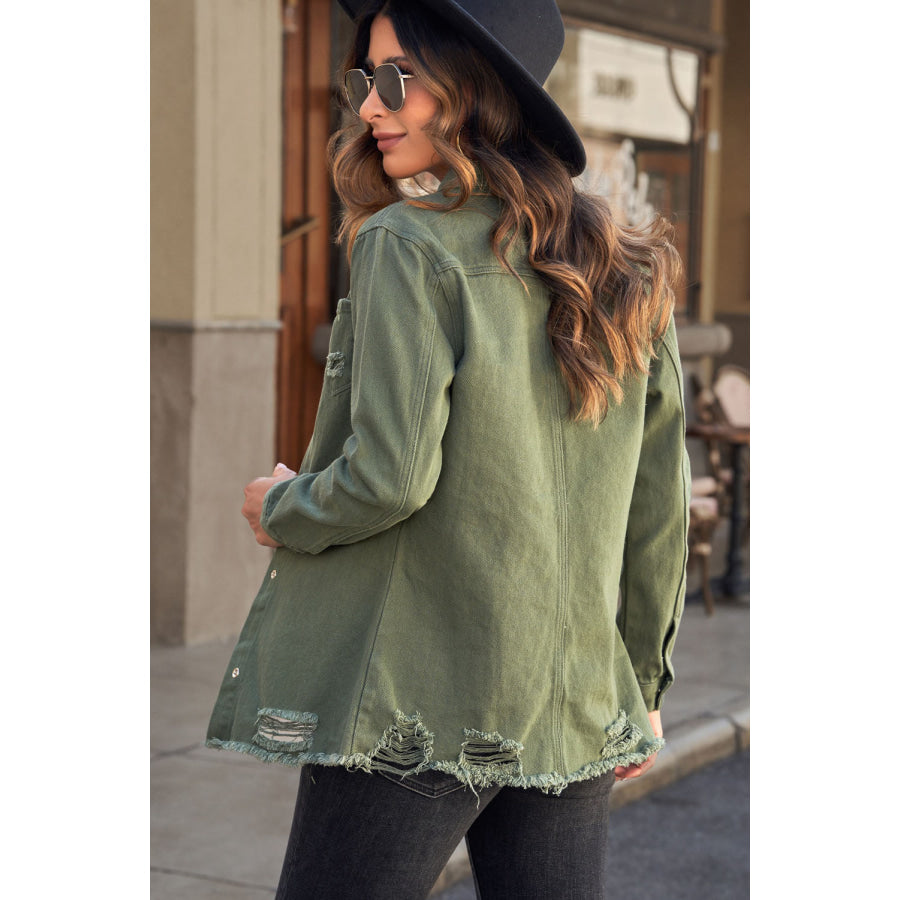 Distressed Snap Down Denim Jacket Apparel and Accessories