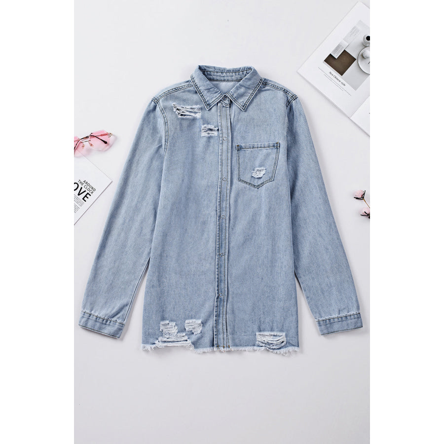 Distressed Snap Down Denim Jacket Apparel and Accessories