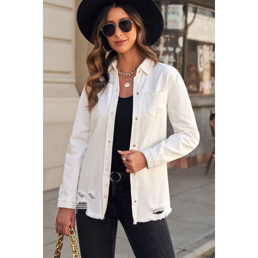 Distressed Snap Down Denim Jacket White / S Apparel and Accessories