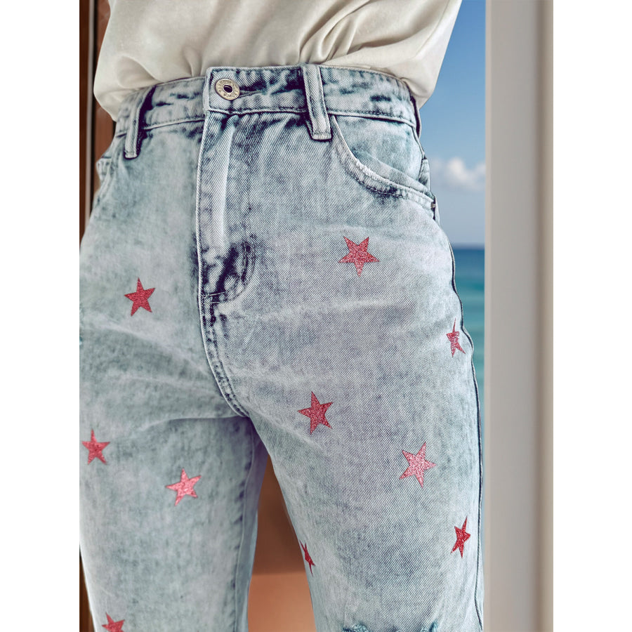 Distressed Star Jeans with Pockets Apparel and Accessories