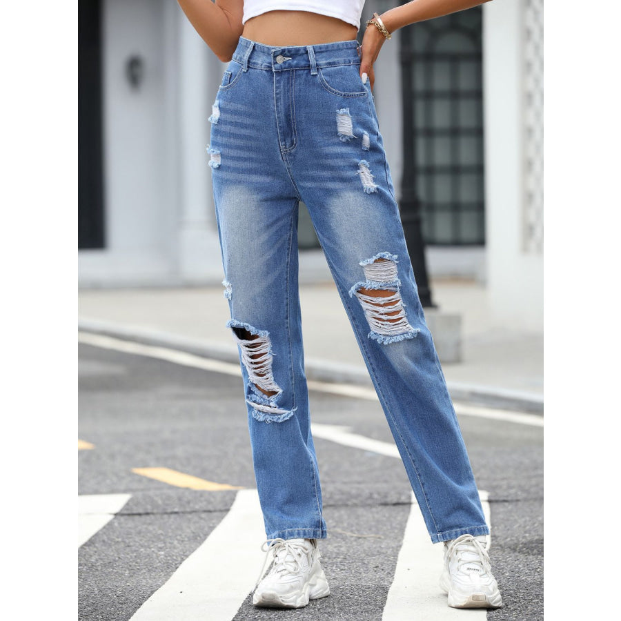 Distressed Straight Jeans with Pockets Apparel and Accessories