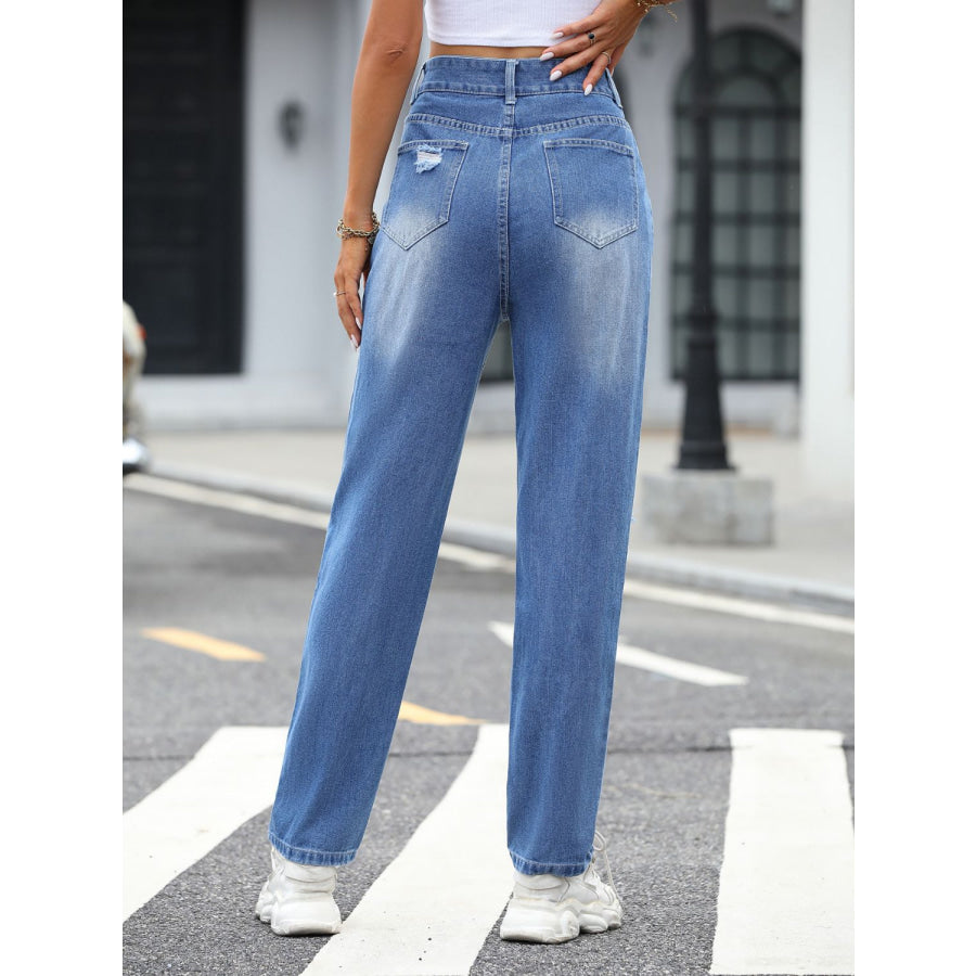 Distressed Straight Jeans with Pockets Apparel and Accessories