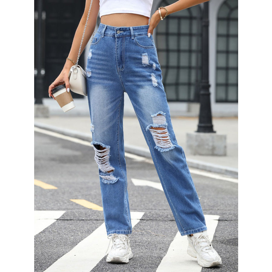 Distressed Straight Jeans with Pockets Medium / XS Apparel and Accessories