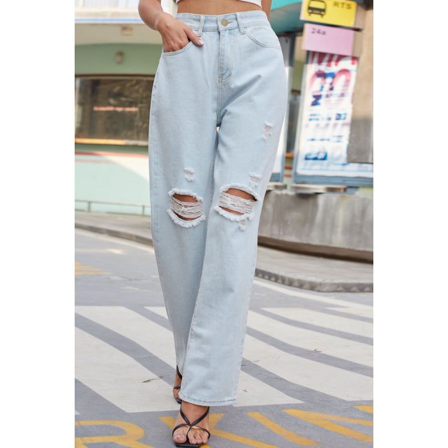 Distressed Straight Leg Jeans with Pockets