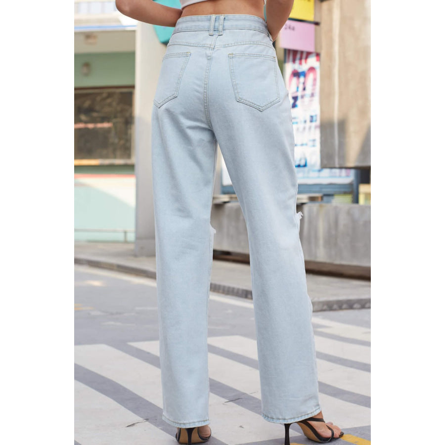 Distressed Straight Leg Jeans with Pockets