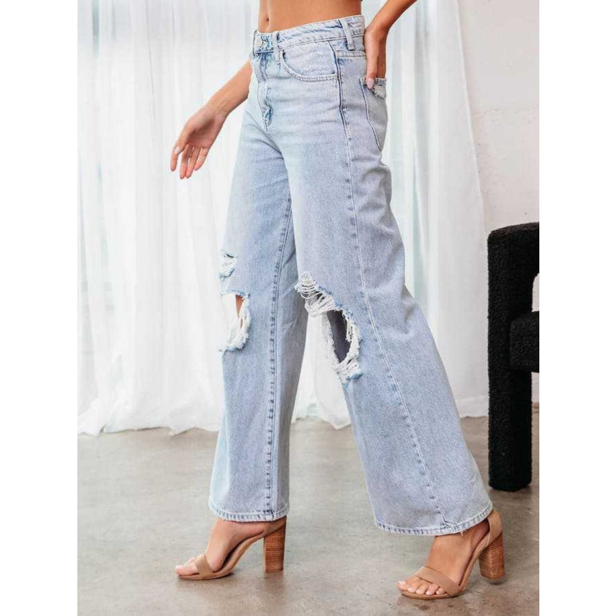 Distressed Wide Leg Jeans with Pockets Apparel and Accessories