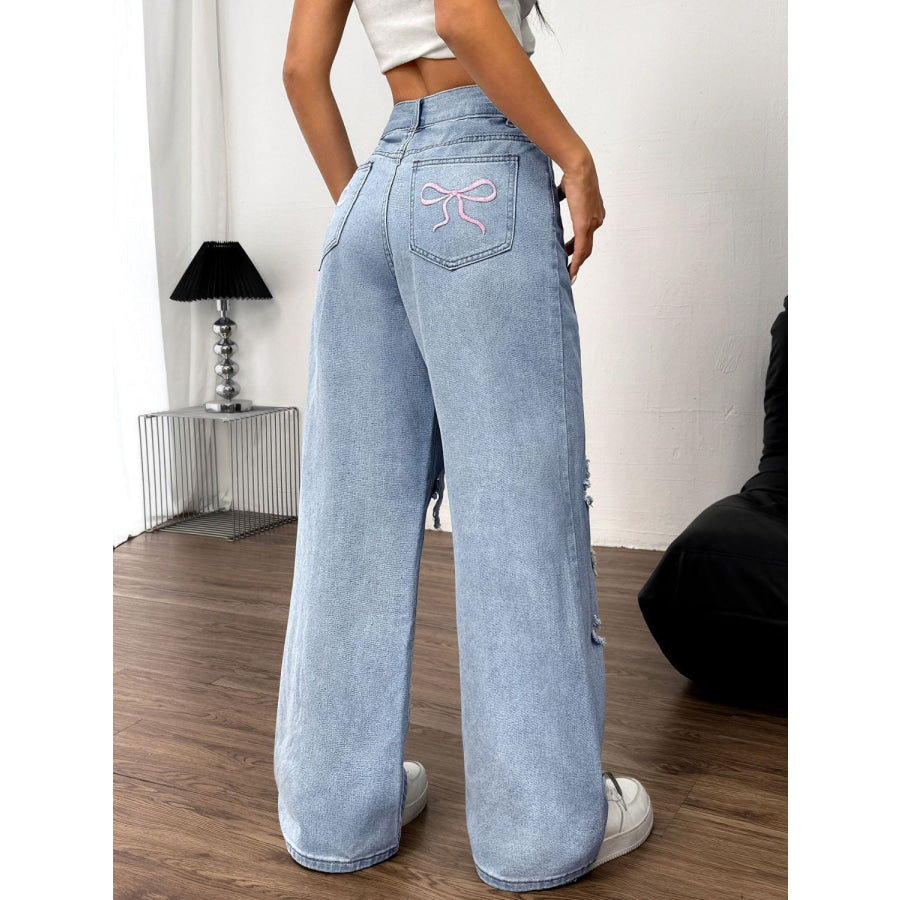 Distressed Wide Leg Jeans with Pockets Apparel and Accessories