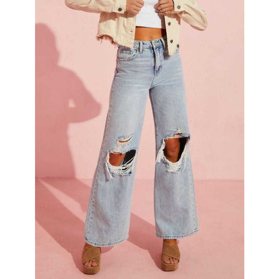 Distressed Wide Leg Jeans with Pockets Apparel and Accessories