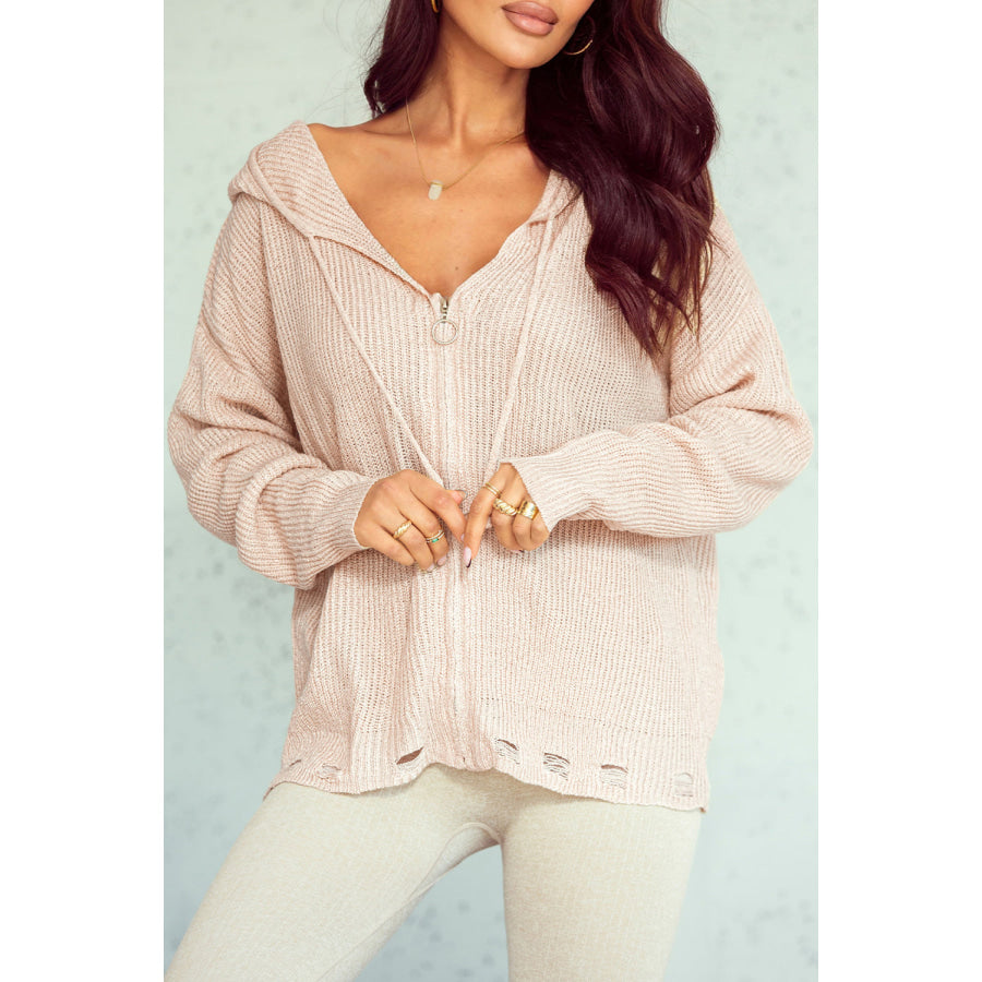 Distressed Zip Up Drawstring Hooded Cardigan Apparel and Accessories