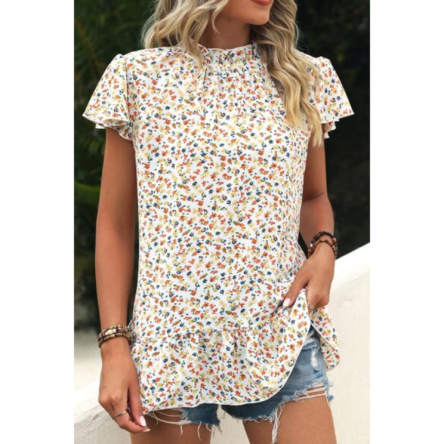 Ditsy Floral Mock Neck Short Sleeve T-Shirt Clothing