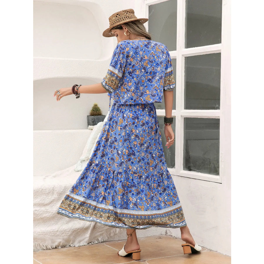 Ditsy Floral Tie Neck Top and Slit Skirt Set Apparel Accessories