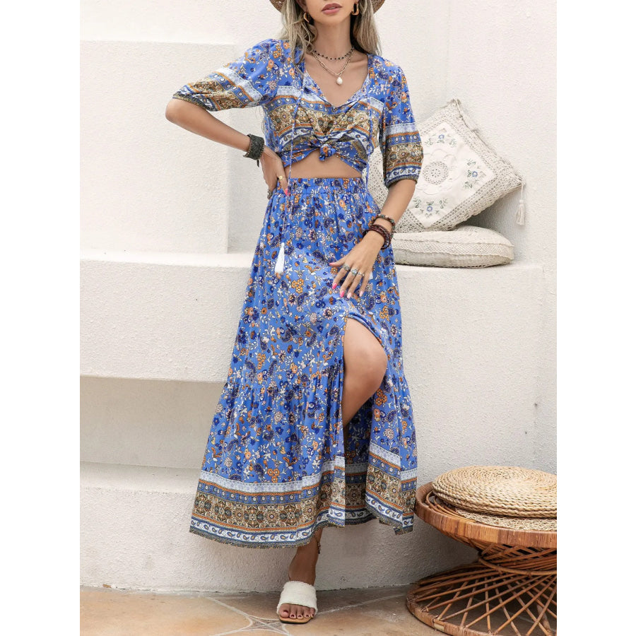 Ditsy Floral Tie Neck Top and Slit Skirt Set Ultra marine / S Apparel Accessories