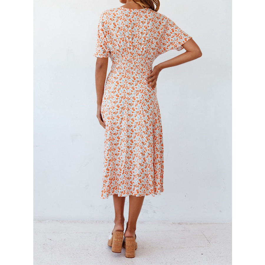 Ditsy Floral V-Neck Short Sleeve Midi Dress Burnt Coral / S Apparel and Accessories
