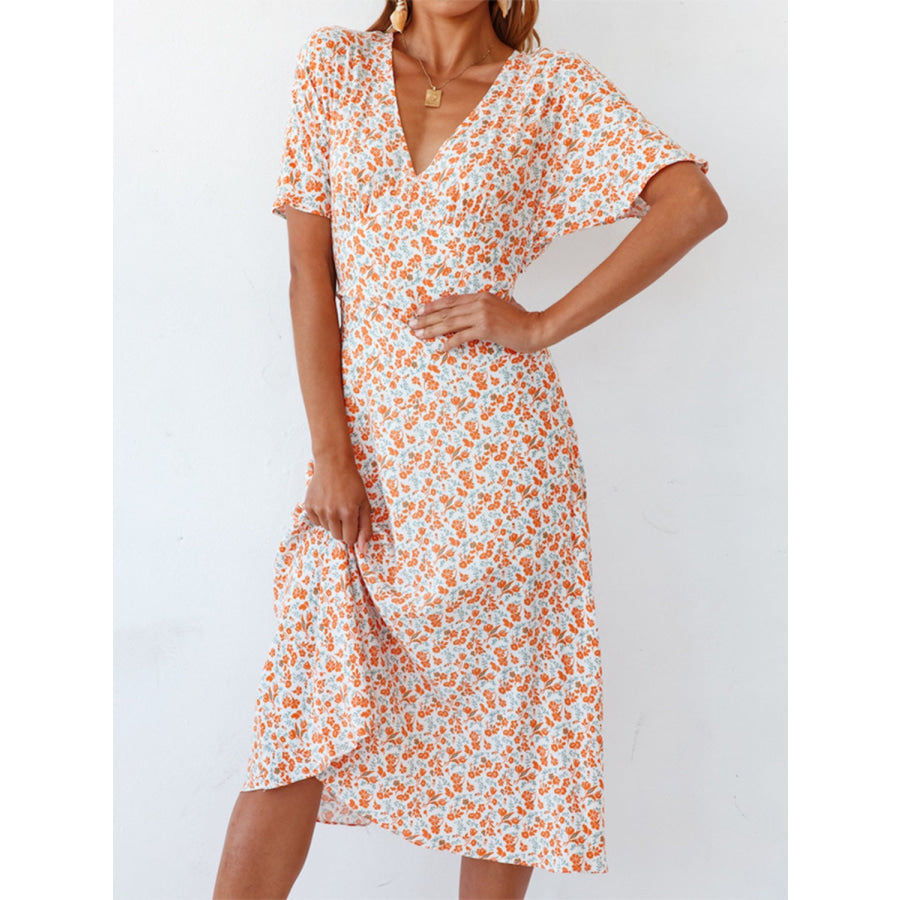Ditsy Floral V-Neck Short Sleeve Midi Dress Burnt Coral / S Apparel and Accessories