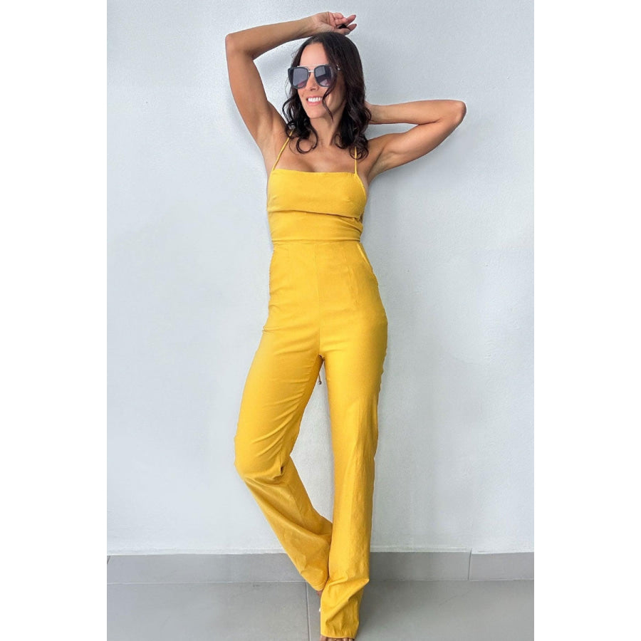 Doreli Group Backless Tied Spaghetti Strap Sleeveless Jumpsuit Yellow / S Apparel and Accessories