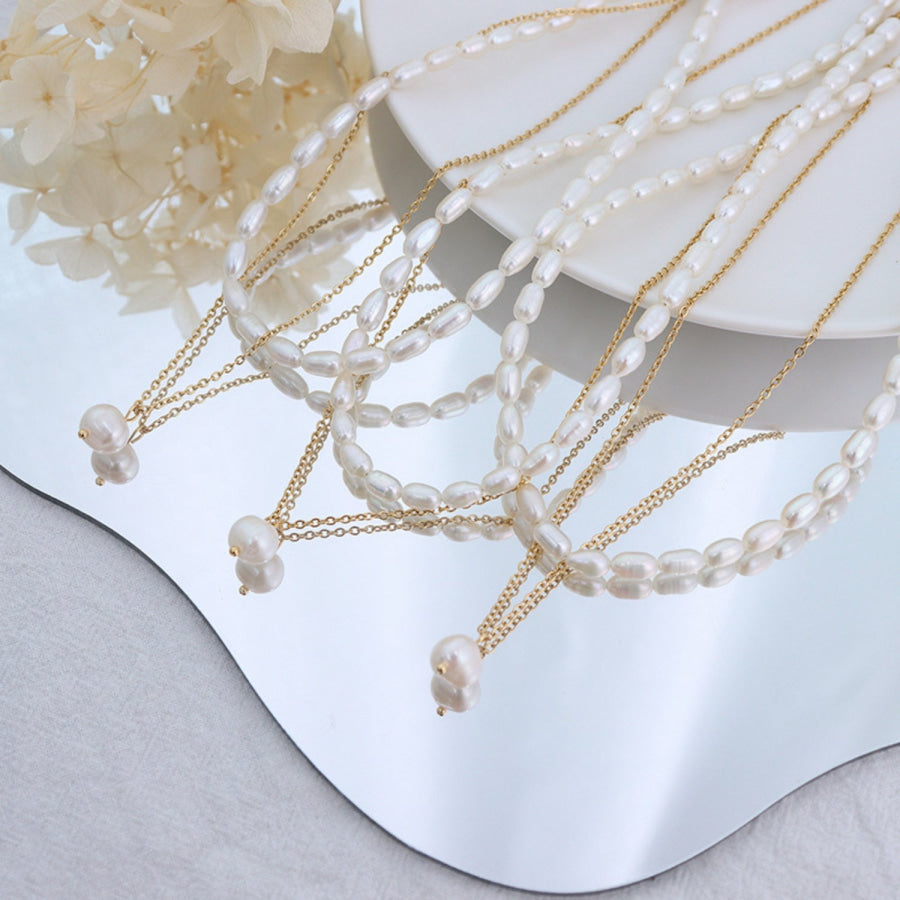 Double - Layered Freshwater Pearl Necklace Gold / One Size Apparel and Accessories