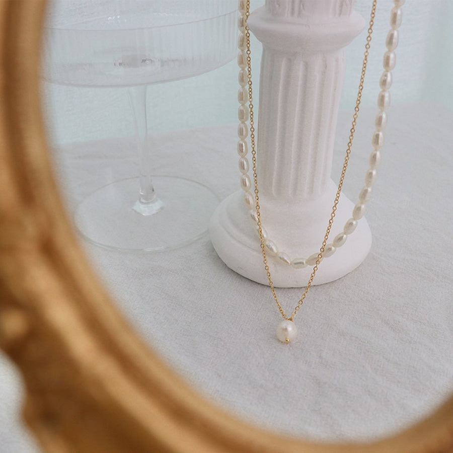 Double - Layered Freshwater Pearl Necklace Gold / One Size Apparel and Accessories