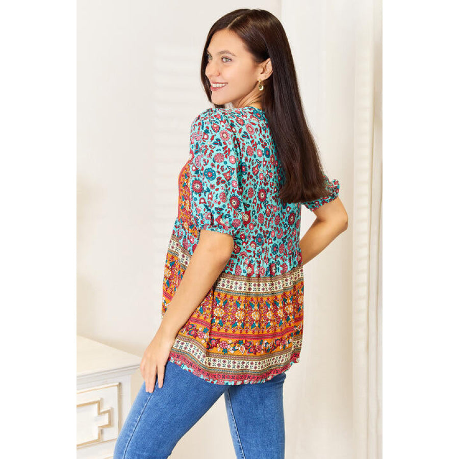 Double Take Bohemian Tassel Tie Puff Sleeve Babydoll Blouse Apparel and Accessories