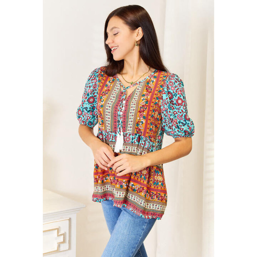 Double Take Bohemian Tassel Tie Puff Sleeve Babydoll Blouse Apparel and Accessories