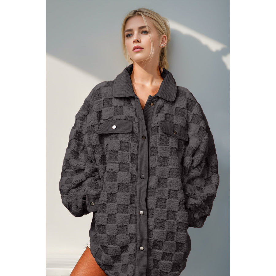 Double Take Button Up Fuzzy Checkered Shacket Black / S Apparel and Accessories